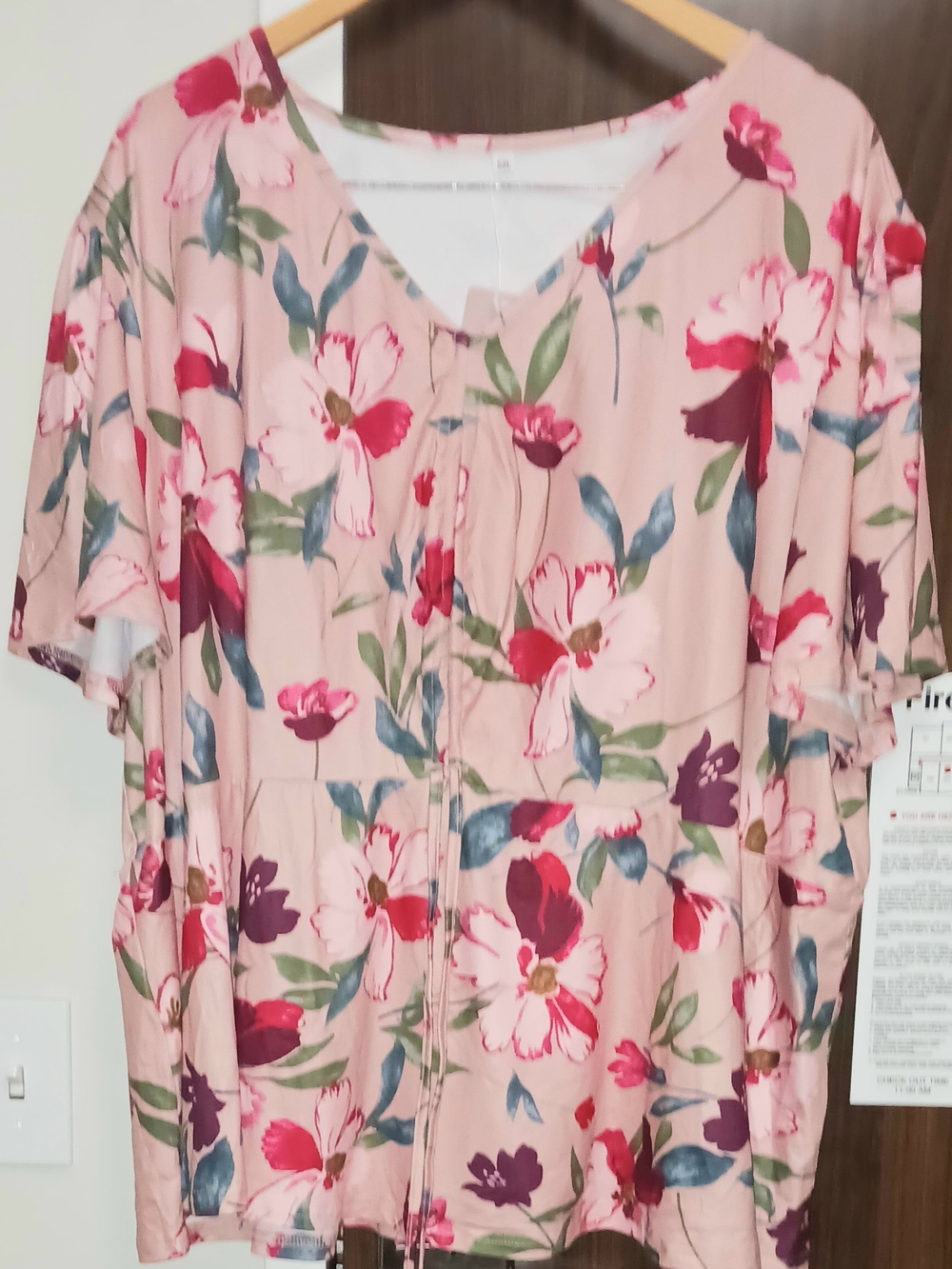 Floral V-Neck Short Sleeve Top - Pink by YESFASHION SIZE 5XL-30-32